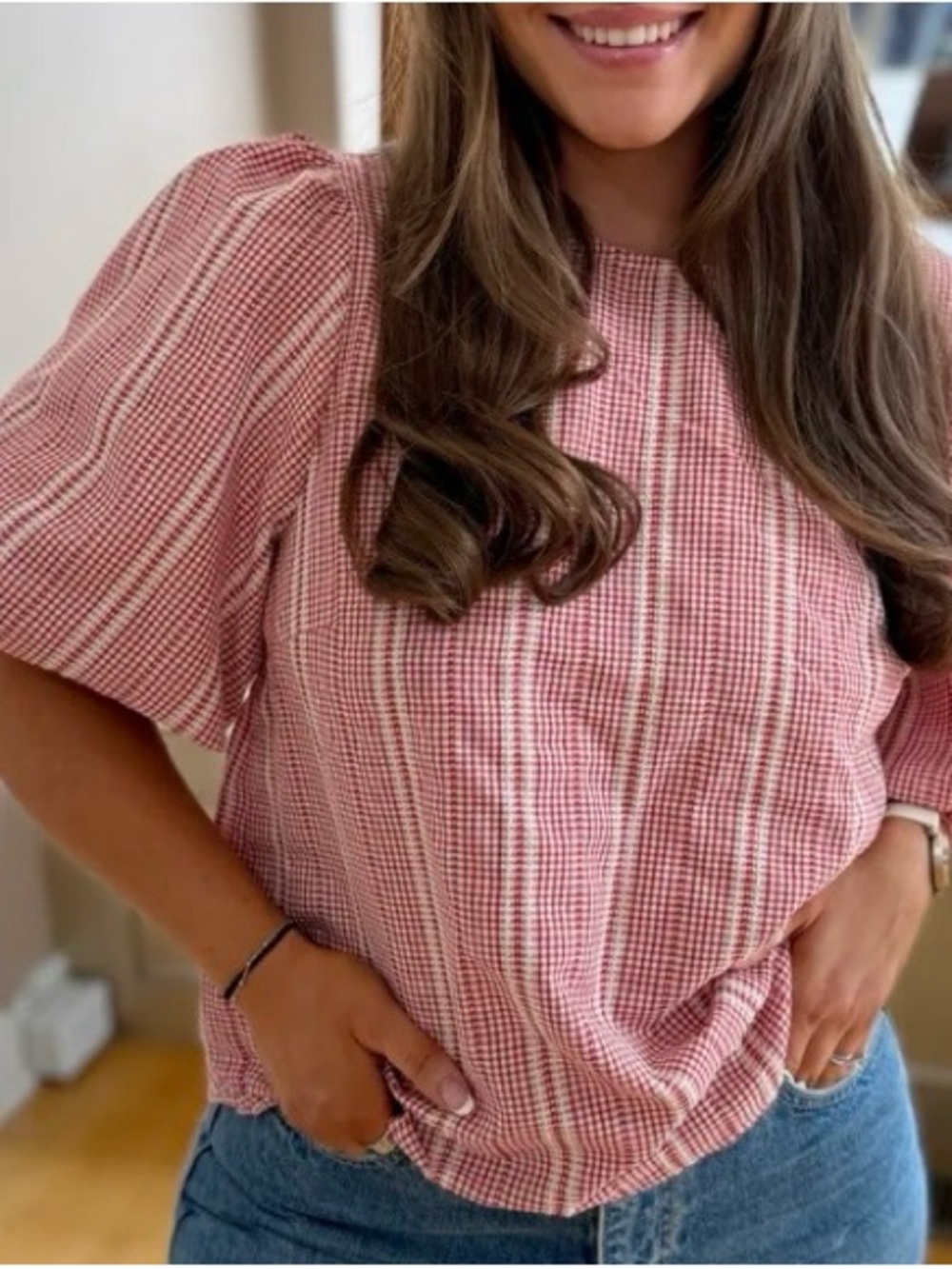 Women's Red Patterned Short Sleeve Top